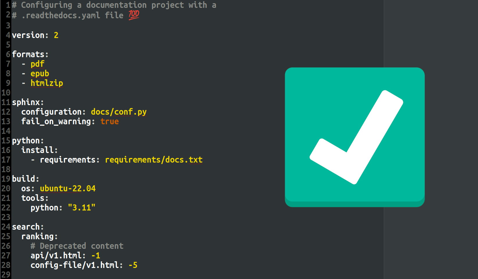 A screenshot of a sample .readthedocs.yaml file